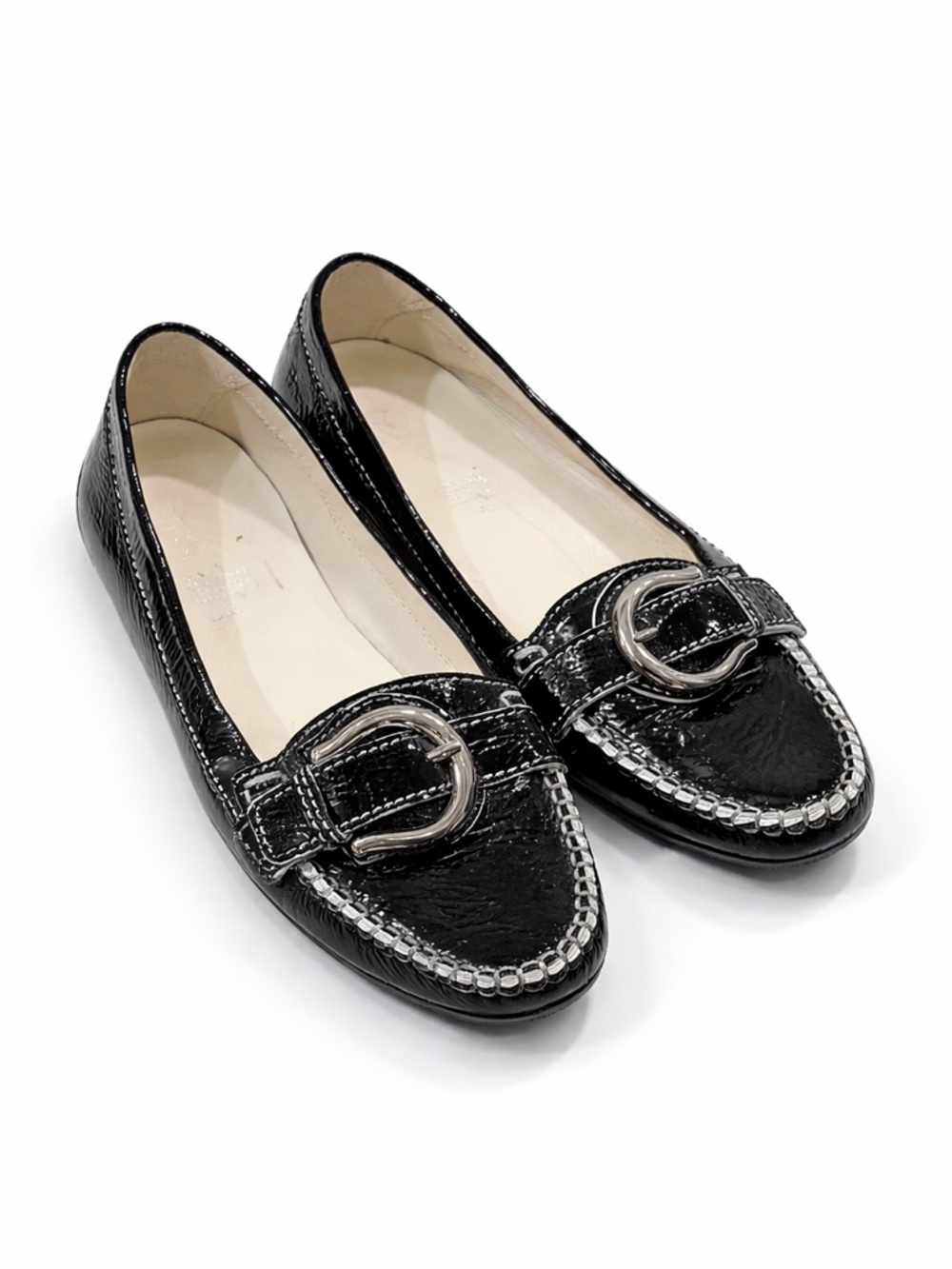Geox Quiet Luxury Black Patent Leather Loafers with Silver Buckle Comfort Fit 40
